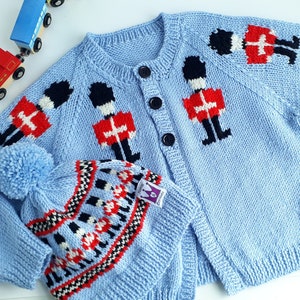 Boys Soldier Cardigan Childs Fair Isle Cardigan Hand Knitted Pale Blue Baby Toddler Knit 6 Sizes Birth 4 yrs Pure Merino Wool image 6