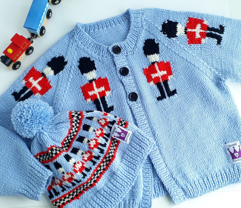 Boys Soldier Cardigan Childs Fair Isle Cardigan Hand Knitted Pale Blue Baby Toddler Knit 6 Sizes Birth 4 yrs Pure Merino Wool image 6