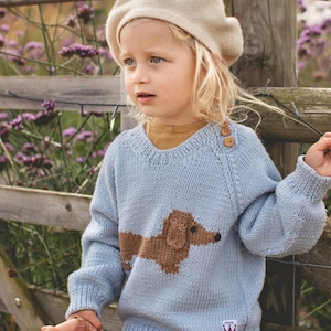 May include: A light blue knitted sweater with a brown dachshund design. The sweater has a round neckline and long sleeves. The sweater has two brown buttons on the shoulder.