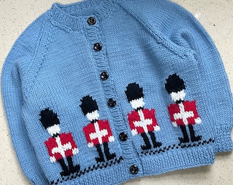 Boys Welsh Guards Soldier Cardigan- Childs Fair Isle Hand Knitted - Baby Toddler Knit - 6 Sizes Birth - 5yrs - Blue Pure Merino Wool