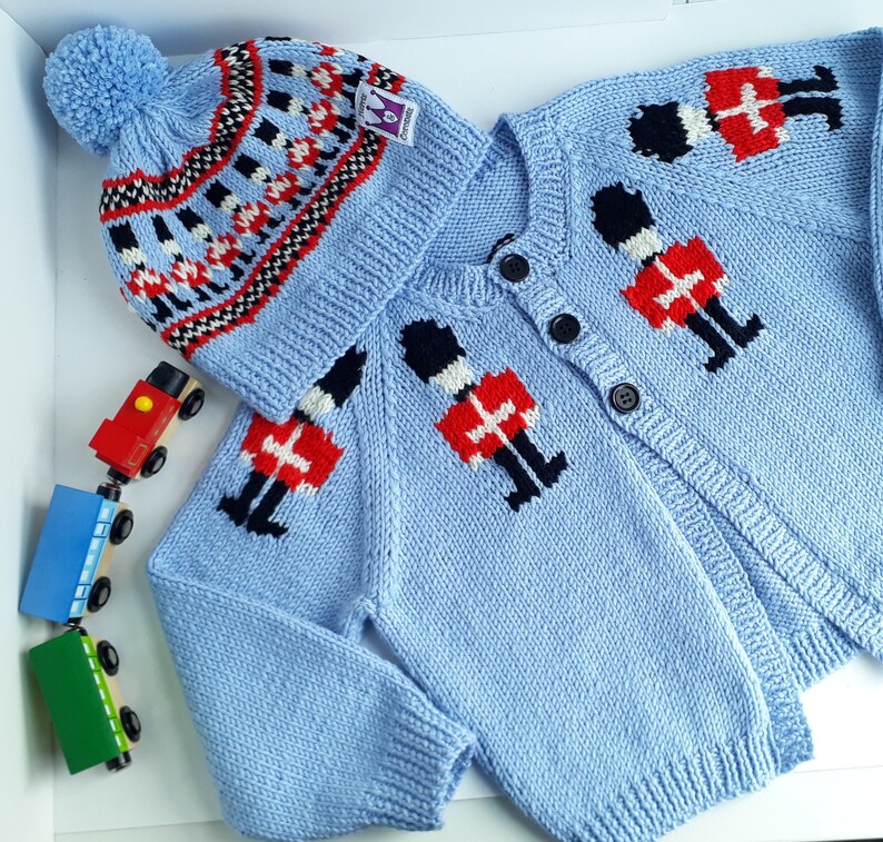 Boys Soldier Cardigan Childs Fair Isle Cardigan Hand Knitted Pale Blue Baby Toddler Knit 6 Sizes Birth 4 yrs Pure Merino Wool image 7