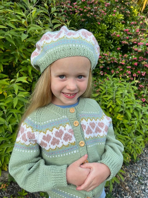 Hearts Fair Isle - Pom Pom BERET - Dusky Blue, Green, Rose  display picture 2