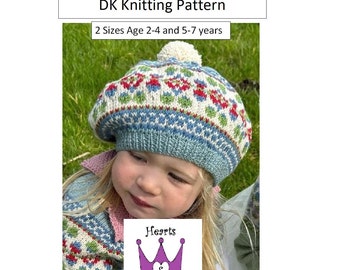 Girls Fair Isle Beret -  Hand Knitting Pattern - In 2 Sizes 2-4 & 5-7years - PDF Pattern