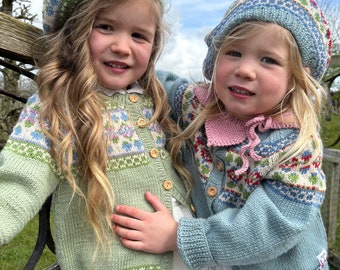 TIGGY Fair Isle Girls CARDIGAN Hand Knitted - 3 Colour options Blue, Pink & Green - Baby Toddler Child Sizes 0-6 years - Pure Merino Wool