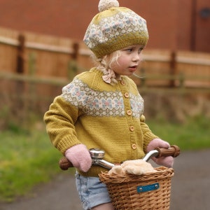 Fair Isle CARDIGAN Hand Knitted Girls Cardigan Ochre Yellow or Green Baby Toddler & Child Sizes upto 6 years Pure Merino Wool image 1