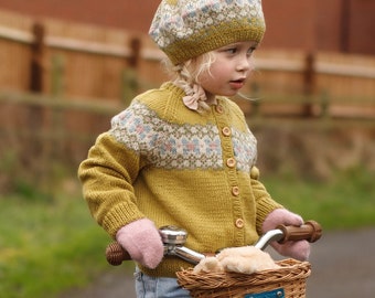 Fair Isle CARDIGAN - Hand Knitted Girls Cardigan - Ochre Yellow or Green - Baby Toddler & Child Sizes upto 6 years - Pure Merino Wool