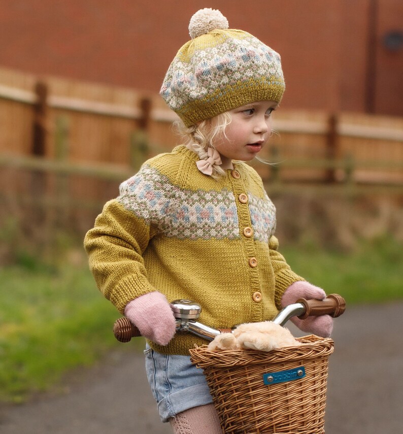 Fair Isle CARDIGAN Hand Knitted Girls Cardigan Ochre Yellow or Green Baby Toddler & Child Sizes upto 6 years Pure Merino Wool image 1