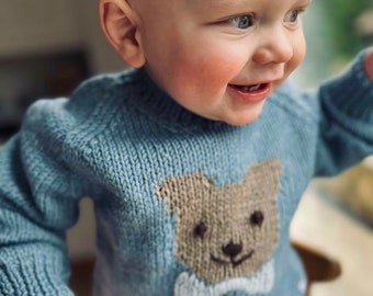 Hand KNITTED Childs Teddy Bear Jumper - Sizes Birth to 8 years - Pure Merino Wool - Chunky Sweater - Available in 12 colours