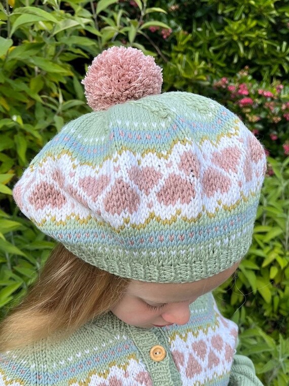 Handmade | Knit 100% Wool Pink/Red Hearts Pom Pom Beret Hat One Size Heart Beret | Hand-Painted Wool French Beret for Women  main image 3