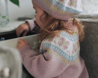 Girls Fair Isle CARDIGAN - Hand Knitted Pastel blue and Pink Cardigan - Baby Toddler & Child Sizes  Birth - 6 years - Pure Merino Wool