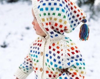 Heirloom Unisex Rainbow Hoodie CARDIGAN - Hand Knitted Hooded Cardigan -  Cream Navy or Beige  - Sizes Age 1 - 8years - Pure Merino Wool