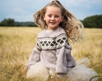 Hand KNITTED Heart Fair Isle Jumper - Sizes Birth to 8 years - Pure Merino Wool - Fair isle Chunky Knit - Available in Beige Pink and Blue