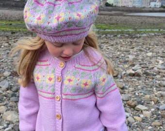 Pink Fair Isle Flower CARDIGAN - Baby Toddler and Girls sizes - Hand knit - Pure Merino Wool