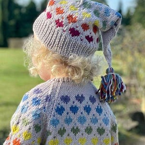 ALICE Childs RAINBOW Hearts WINTER Knit - Kids Wee Willy Winkie Pixie Hat - Hand Knitted in Pure Merino Wool - All sizes Age 1 - Teen