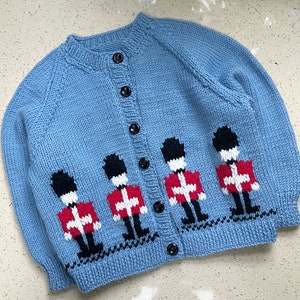 Boys Soldier Jumper Childs Fair Isle Cardigan Hand Knitted Sweater Blue Baby Toddler Knit 6 Sizes Birth 5yrs Pure Merino Wool image 2
