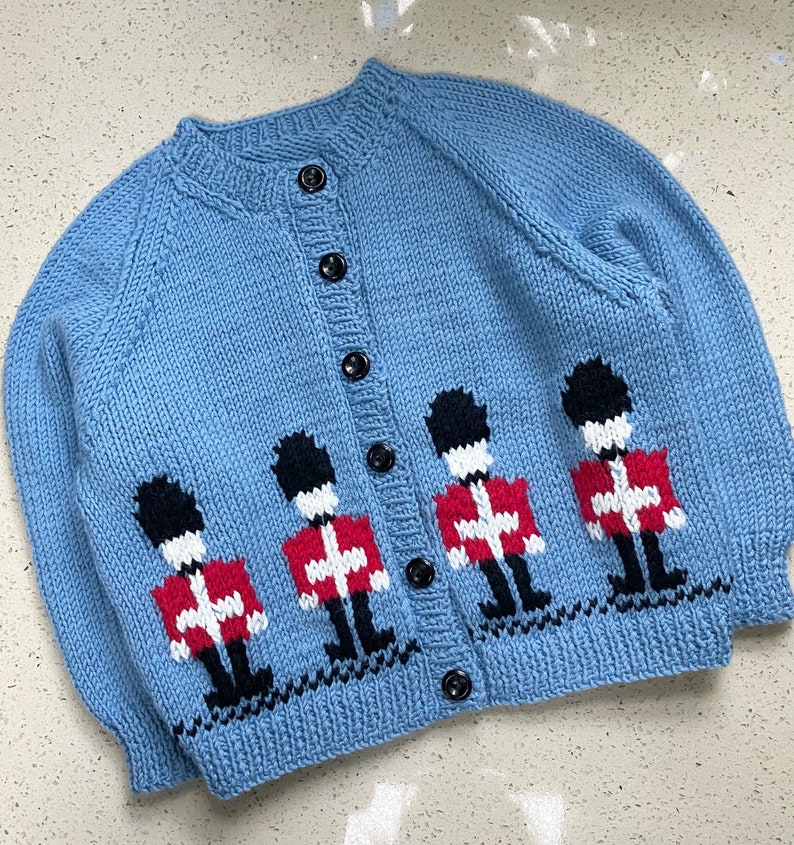 Boys Soldier Jumper Childs Fair Isle Cardigan Hand Knitted Sweater Blue Baby Toddler Knit 6 Sizes Birth 5yrs Pure Merino Wool image 2