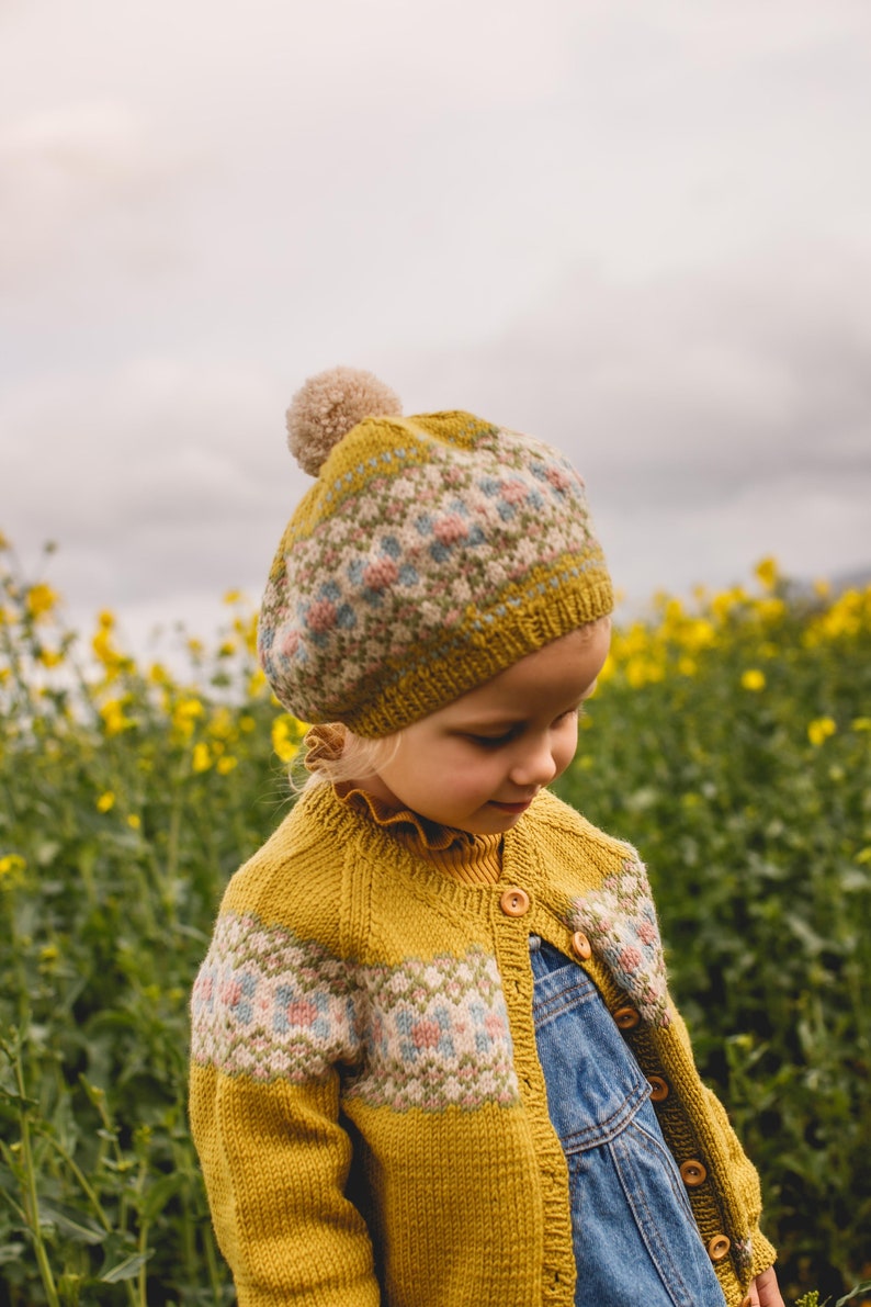 Fair Isle CARDIGAN Hand Knitted Girls Cardigan Ochre Yellow or Green Baby Toddler & Child Sizes upto 6 years Pure Merino Wool image 4