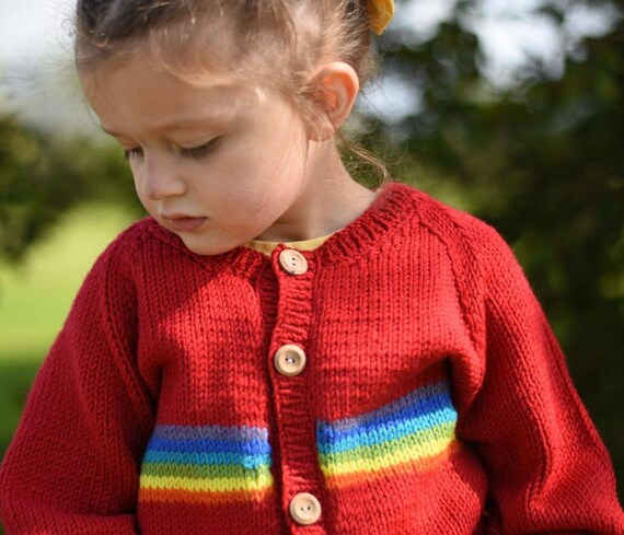 Hand KNITTED CHILDS Rainbow Cardigan Pure Merino Wool Sizes Birth to 8 Years in Red Navy Cream or Pink Etsy UK