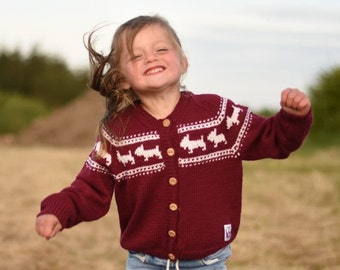 Scottie Dog Hand KNITTED Cardigan - Pure Merino Wool - Available in 9 colours  and Sizes from Birth to 6 years