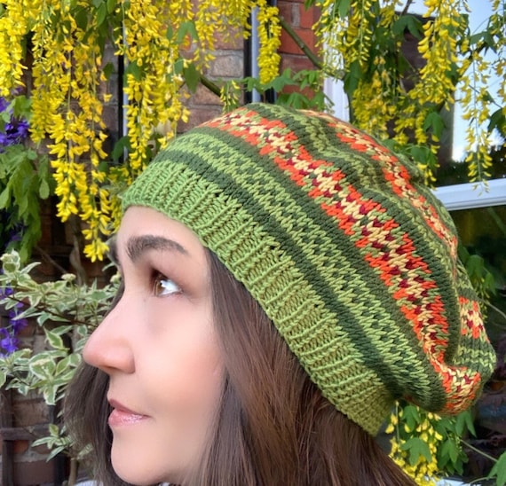 Ladies Green Fair Isle Beret - Hand Knit BERET - Knitted  display picture 2