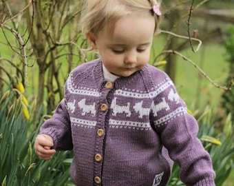 Unisex Scottie Dog Hand KNITTED Cardigan - Pure Merino Wool - Available in 9 colours  - Sizes from Birth to 6 years