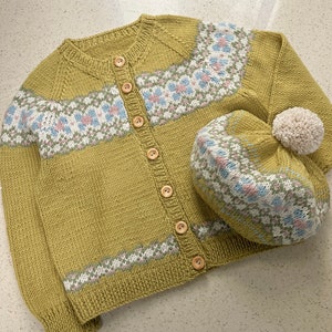 Fair Isle CARDIGAN Hand Knitted Girls Cardigan Ochre Yellow or Green Baby Toddler & Child Sizes upto 6 years Pure Merino Wool image 8