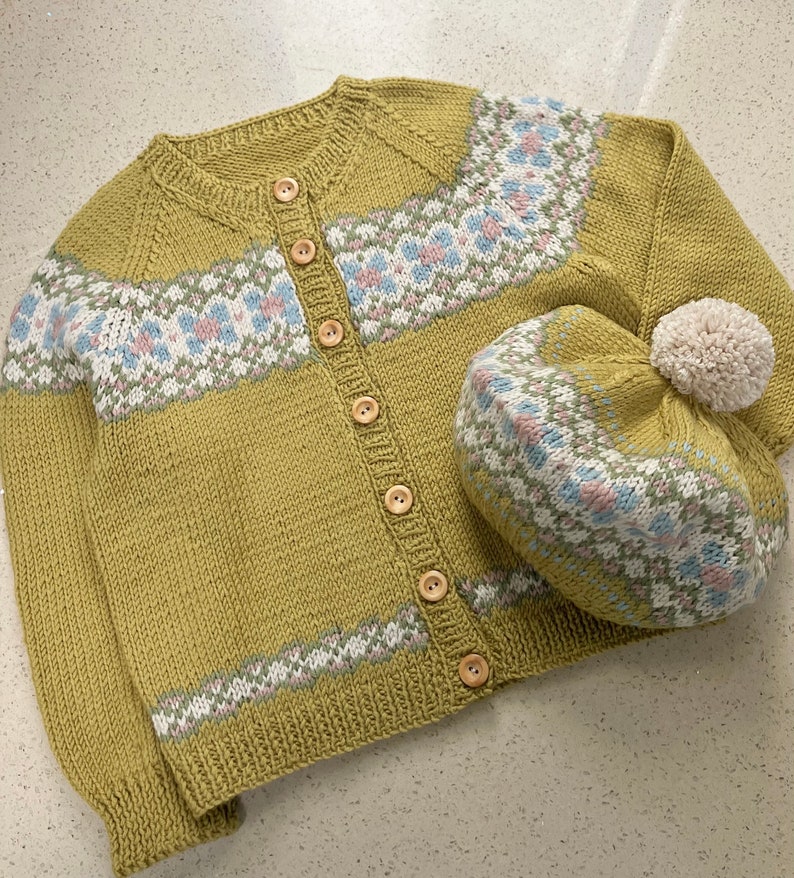 Fair Isle CARDIGAN Hand Knitted Girls Cardigan Ochre Yellow or Green Baby Toddler & Child Sizes upto 6 years Pure Merino Wool image 8