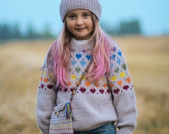 Girls rainbow HEART Jumper - Hand Knitted Fair Isle - Sizes available Ages 1 to 8 years - Pure Merino Wool Chunky Knit