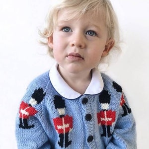 Boys Soldier Cardigan Childs Fair Isle Cardigan Hand Knitted Pale Blue Baby Toddler Knit 6 Sizes Birth 4 yrs Pure Merino Wool image 2