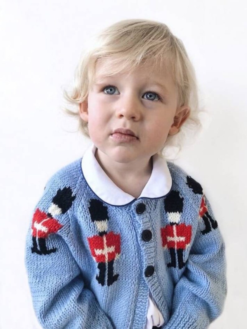 Boys Soldier Cardigan Childs Fair Isle Cardigan Hand Knitted Pale Blue Baby Toddler Knit 6 Sizes Birth 4 yrs Pure Merino Wool image 2