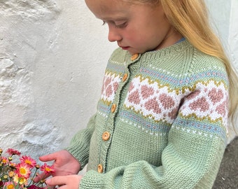 GIRLS Hand KNITTED Hearts Cardigan - Pure Merino Wool - Available sizes Birth to 6 years - In 4 new colours