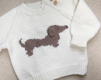 CHILDS Hand KNITTED Dachshund Sausage Dog JUMPER - 6 Colours - Ages Birth to 8 years - Pure Merino Wool