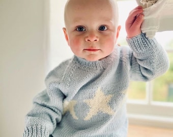 Hand KNITTED Childs 3 STAR Jumper - Sizes Birth to 8 years - Pure Merino Wool - Chunky Sweater - Available in 6 colours