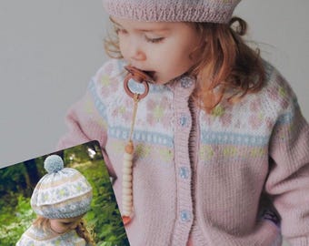 AMELIE Girls Fair Isle CARDIGAN - Hand Knitted Pastel blue & Pink Cardigan - Baby Toddler Child Sizes  Birth - 6 years - Pure Merino Wool