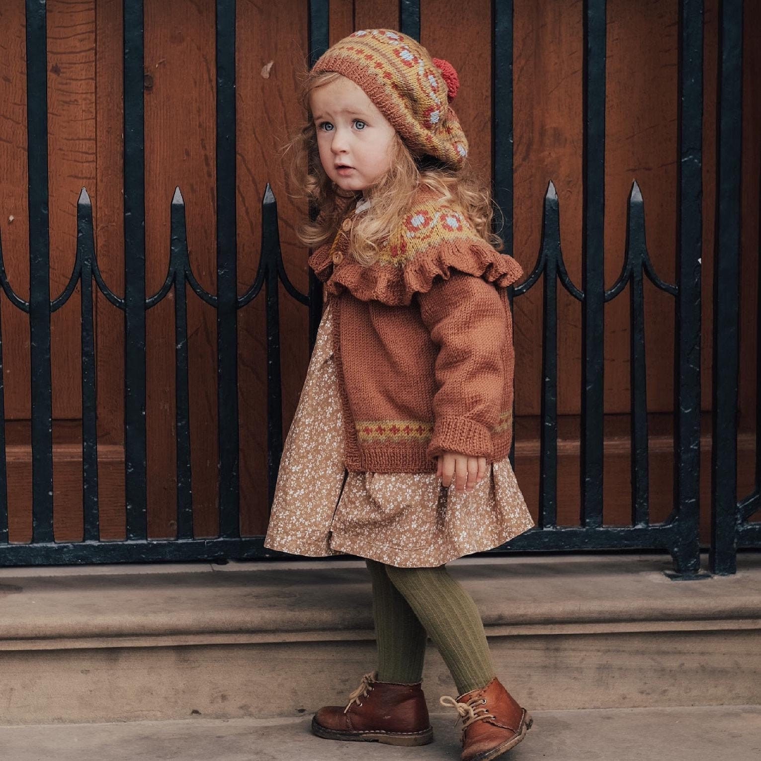 ANNABEL Mid Brown Hand Knitted GIRLS Fair Isle Frilly CARDIGAN - Baby, Toddler & Girls sizes - Pure Merino Wool