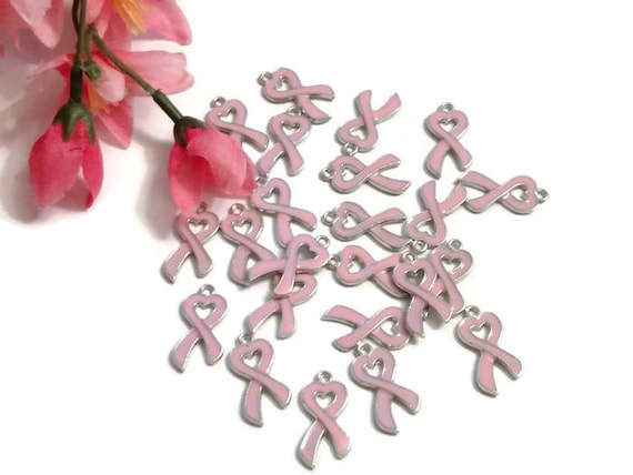 10 pc Bead Gallery Silvertone Breast Cancer Ribbon Round Fashion Beads
