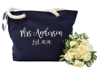 just married beach bag