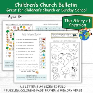 Boletín de la Iglesia Infantil Historia Bíblica de la Creación Lista para usar Escuela Dominical Actividades para el hogar y la escuela Páginas plegables PDF y tamaño carta A4 de EE. UU. Edades 8+