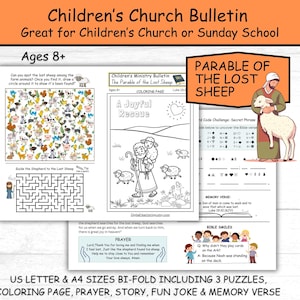 Boletín de la iglesia para niños, historia bíblica de la oveja perdida, páginas de actividades para la escuela dominical y la educación en el hogar, PDF plegable y tamaño carta de EE. UU. A4, para mayores de 8 años