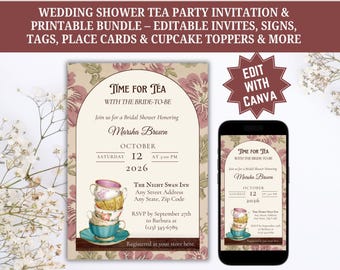 Wedding Shower Tea Party Bundle Invitation Templates, Edit in Canva Includes Printable Party Buntings, Tags, Wedding Signs, Planner & More