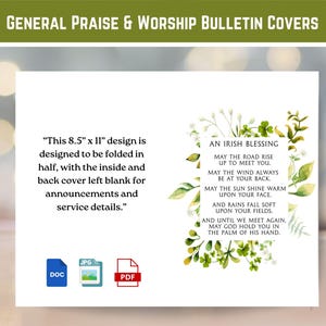 May include: White bulletin cover design with the text "General Praise & Worship Bulletin Covers." The design includes an Irish blessing with green floral accents and the text "This 8.5" x 11" design is designed to be folded in half..." with DOC, JPG, and PDF icons.