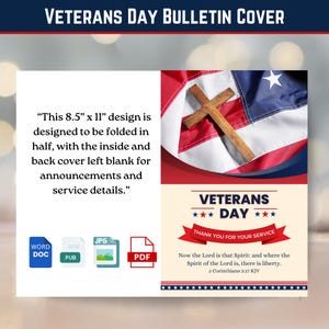 Könnte beinhalten: Veterans Day Bulletin Cover Design. Das Design beinhaltet eine amerikanische Flagge, ein Holzkreuz und den Text "Veterans Day". Der Umschlag ist so konzipiert, dass er in der Mitte gefaltet wird, wobei die Innen- und Rückseite für Ankündigungen und Servicedetails leer bleiben.