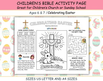 Easter Jesus is Alive Bible Activity Sheets for Kids Sunday School Home, Childrens Church Lesson Supplement, US Letter & A4, Ages 6+7