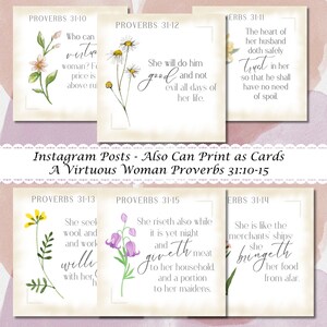 May include: A collection of Instagram posts and cards featuring watercolor floral illustrations and Bible verses from Proverbs 31. Each card has a unique design with text and botanical art.