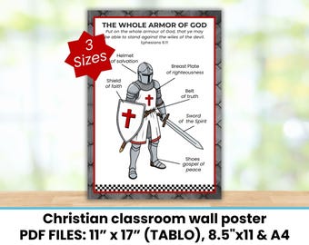 Armor of God Printable Poster, Ephesians 6:10-18, Christian Classroom Wall Art Decor, Sunday School and Homeschool Bible Poster for Kids