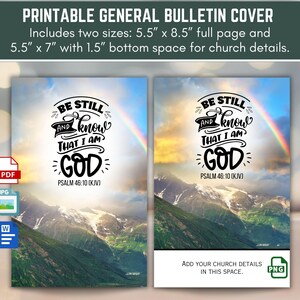 Könnte beinhalten: Druckbare allgemeine Bulletin-Cover mit Berglandschaft, Regenbogen und dem Text "Be Still and Know That I Am God" (Psalm 46:10 KJV). Enthält zwei Größen: 14 x 22 cm und 14 x 18 cm.