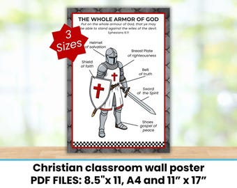 Affiche imprimable « L’armure de Dieu », Éphésiens 6:10-18, décoration murale chrétienne pour la classe, affiche biblique pour l’école du dimanche et l’instruction à domicile pour les enfants