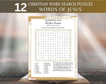 Juego de 12 páginas de sopas de letras bíblicas imprimibles para adultos, adolescentes y personas mayores con las palabras de Jesús. Actividad de juego del ministerio cristiano.