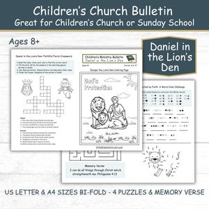 Boletín de la Iglesia para Niños: Historia bíblica de Daniel en el foso de los leones, páginas de actividades para la lección de la escuela dominical, educación en el hogar, PDF, tamaño carta A4 (EE. UU.), 8 años