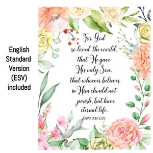 Christian Floral Pink & Green Watercolor Wall Art Poster or Canvas John 3:16 For God So Loved The World Beloved Bible Verse, KJV and ESV image 2